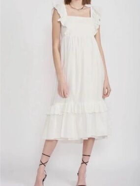 En Saison White Ruffle-Trim Midi Dress
